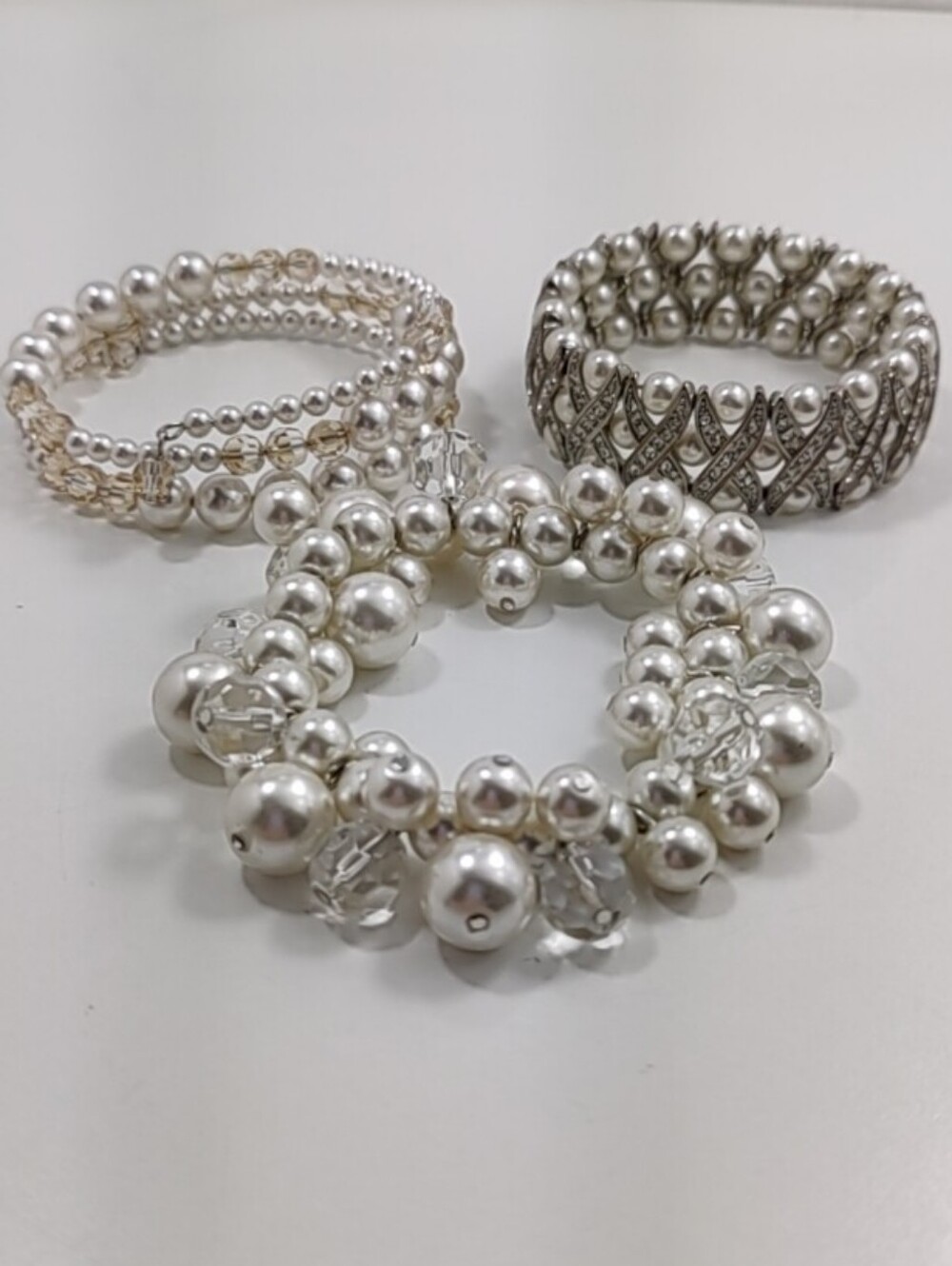 Faux Pearl Bracelet Bundle 3pc Glass Crystal Rhinestone Stretch Wrap Bracelets